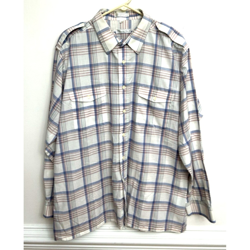 Vintage Christian Dior L/S Shirt Red White Blue Plaid Shoulder Epaulets